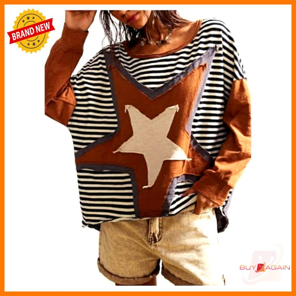 Striped Star Patchwork Crew Neck Drop Shoulder Ov… - image 3